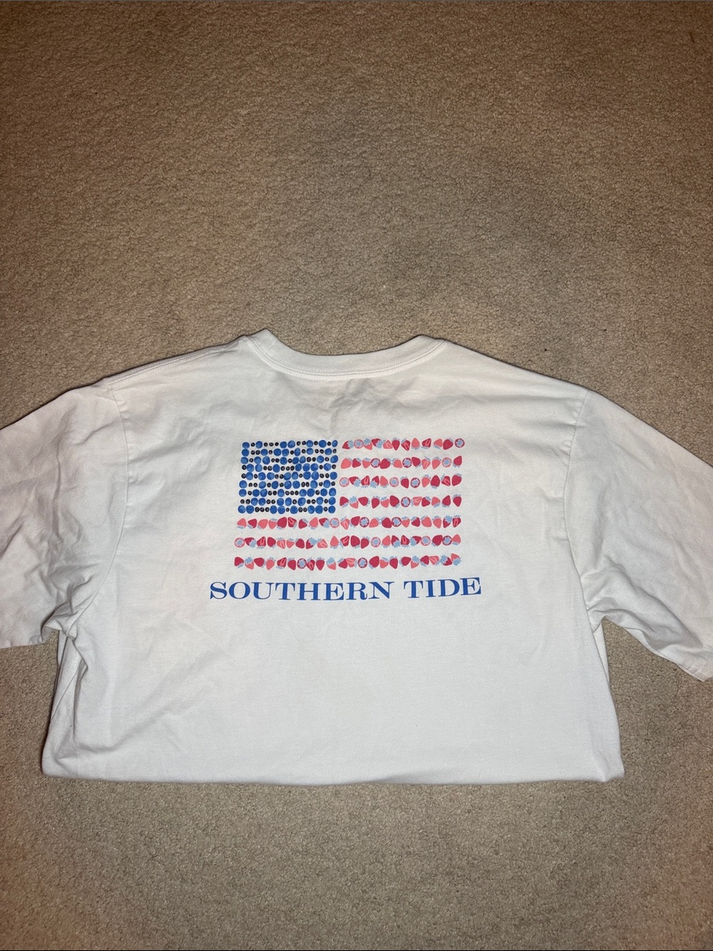 Southern Tide White Tee with Blue and Red Flag Graphic